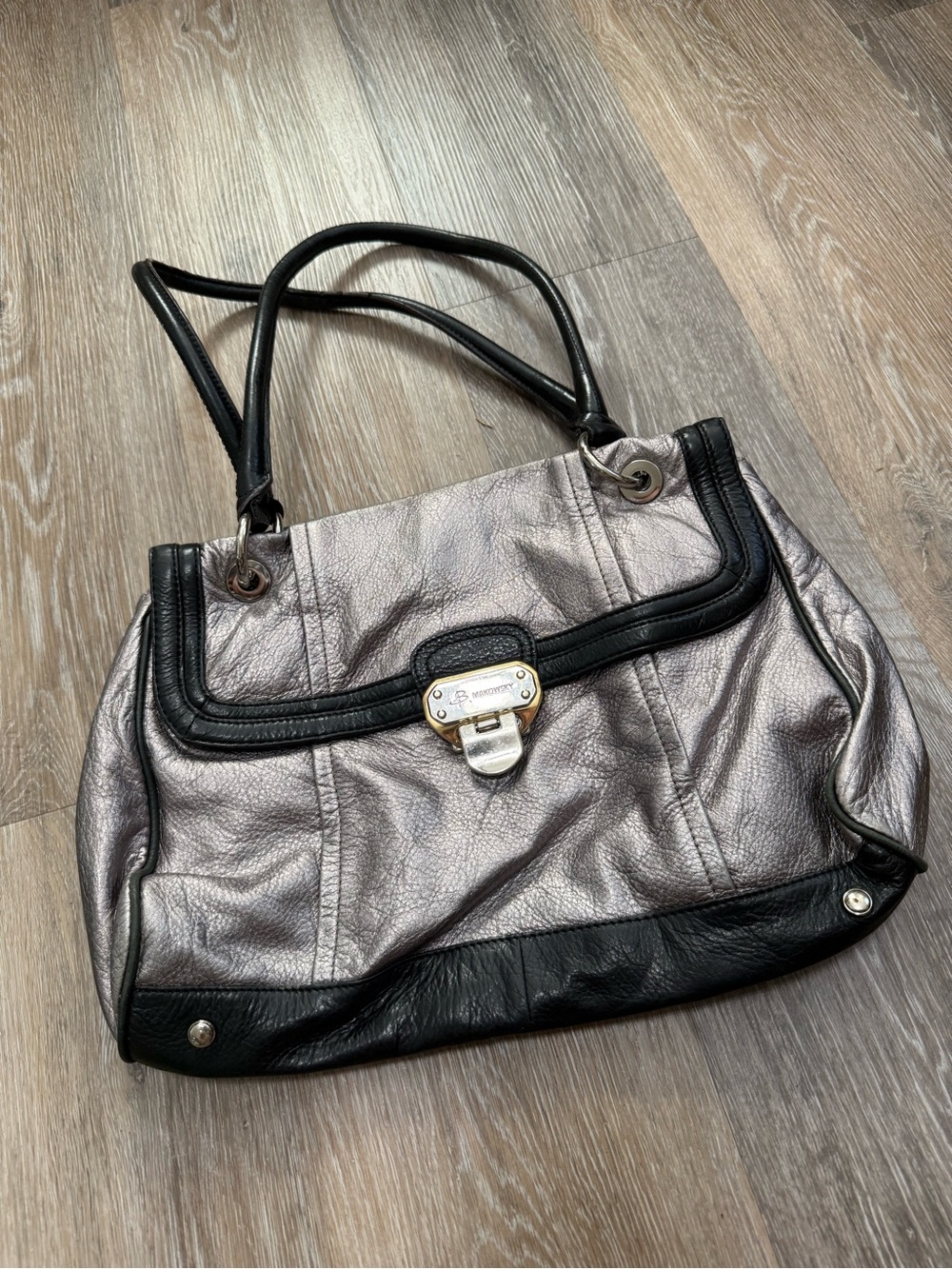 Metallic Silver and Black Leather Shoulder Bag with Front Lock